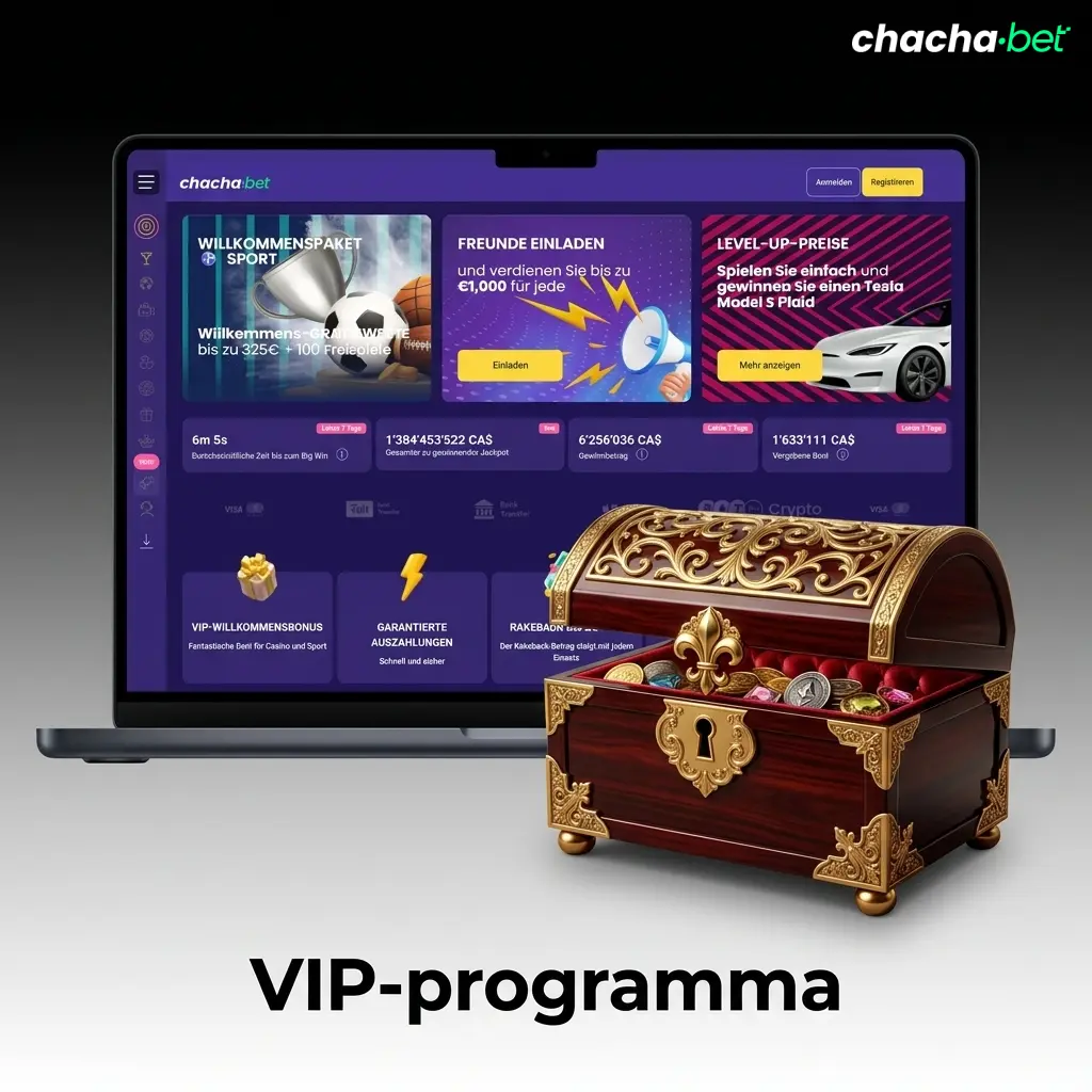 Chachabet VIP-programma met niveaus, cashback, exclusieve bonussen en snellere opnames voor trouwe spelers.