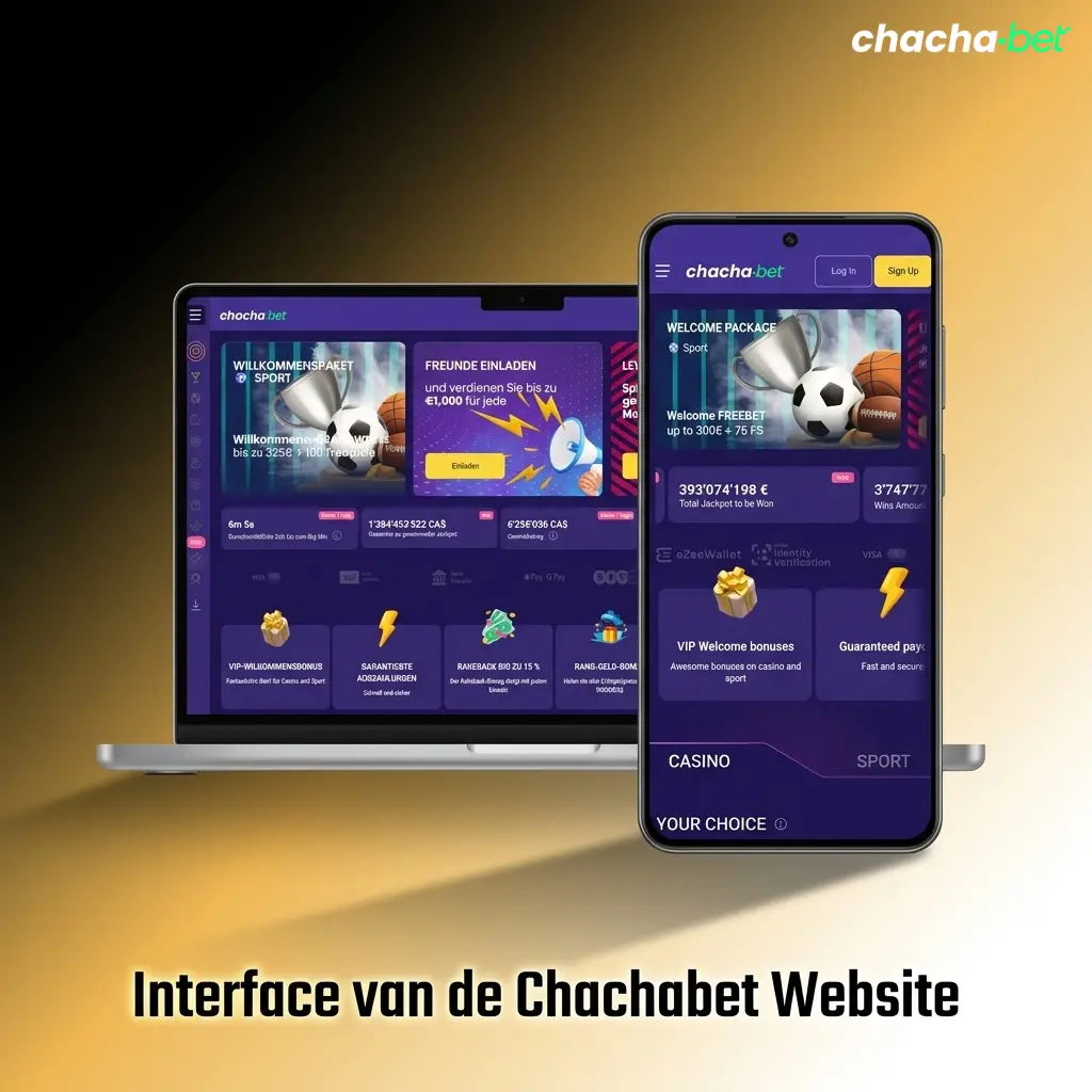 Overzichtelijke interface van de Chachabet website met navigatiebalk voor sport, casino en promoties